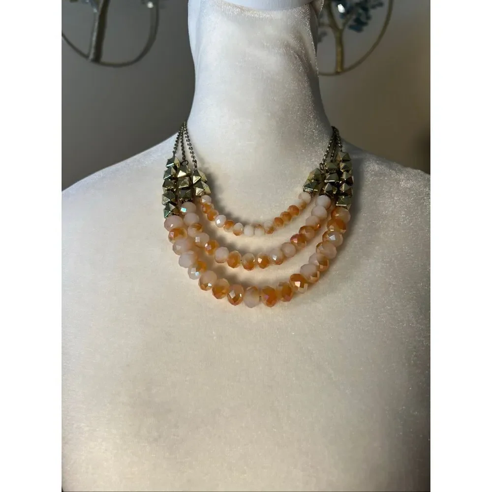 Gold Tone Vintage Style Triple Strand Beaded Statement Necklace w Earring Set